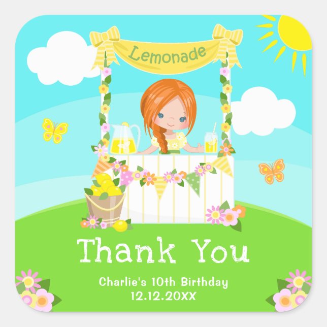 Lemonade Red Hair Girl Birthday Vielen Dank Quadratischer Aufkleber (Vorderseite)