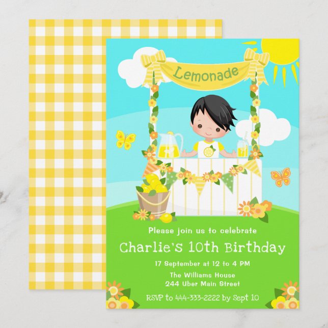 Lemonade Stand Birthday Black Hair Boy Einladung (Vorne/Hinten)