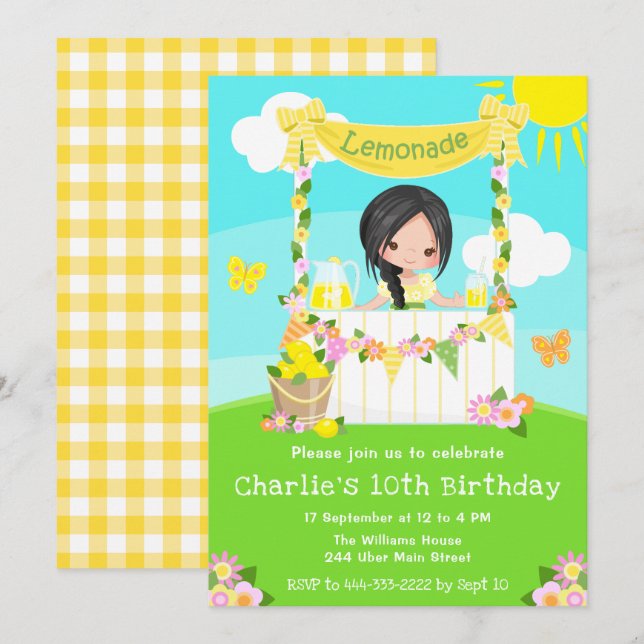 Lemonade Stand Birthday Black Hair Girl Einladung (Vorne/Hinten)