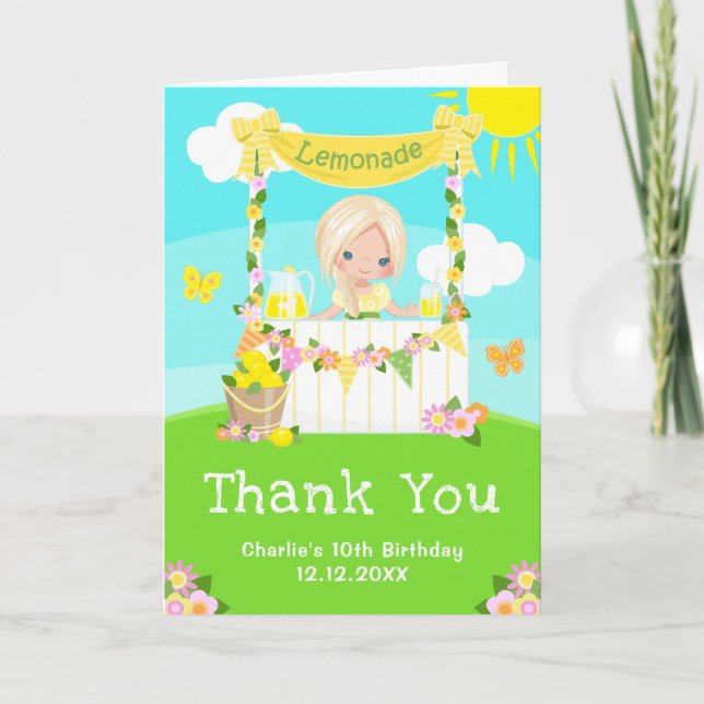 Lemonade Stand Birthday Blonde Hair Girl Dankeskarte (Vorderseite)