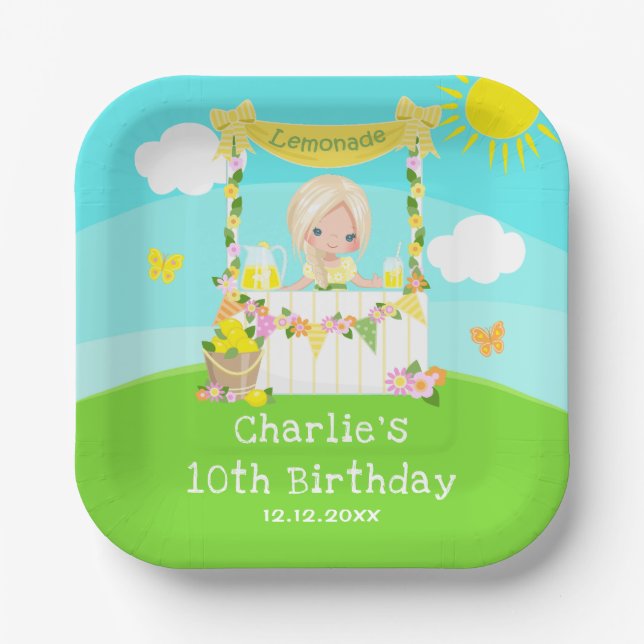 Lemonade Stand Birthday Blonde Hair Girl Pappteller (Vorderseite)