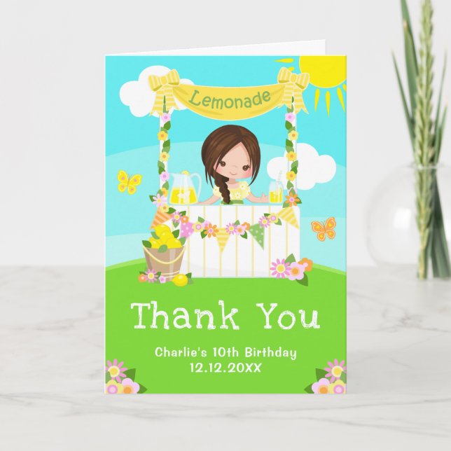 Lemonade Stand Birthday Brown Hair Girl Dankeskarte (Vorderseite)