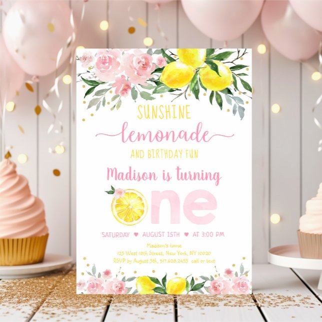 Lemonade Sunshine Pink Gold Floral Erster Geburtst Einladung (Von Creator hochgeladen)