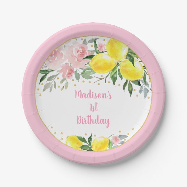 Lemonade Sunshine Pink Gold Floral Geburtstag Pappteller (Vorderseite)