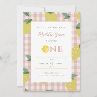 Lemonade Sunshine Pink Kariert Erster Geburtstag Einladung