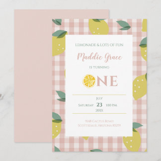 Lemonade Sunshine Pink Kariert Erster Geburtstag Einladung