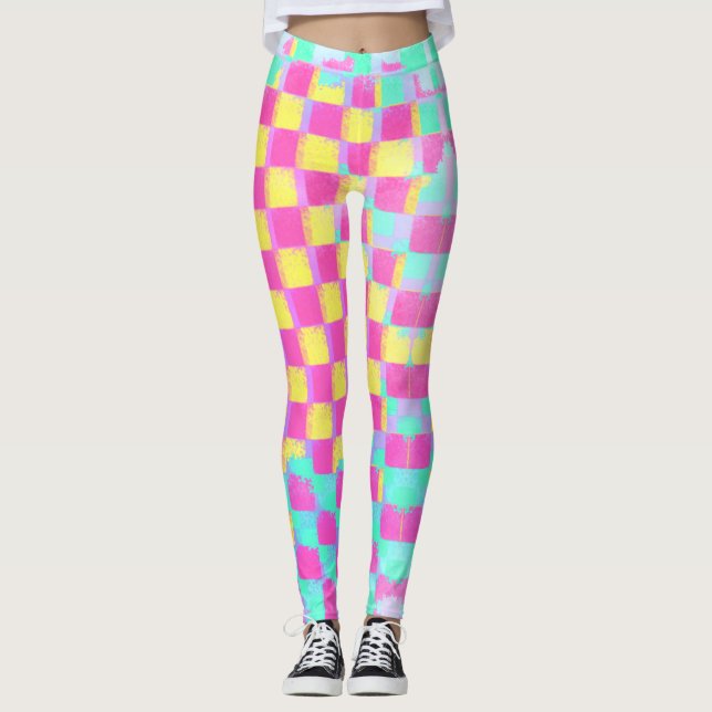 Lemonberry Neo Mint Grungy Schachbrettmuster Leggings (Vorderseite)