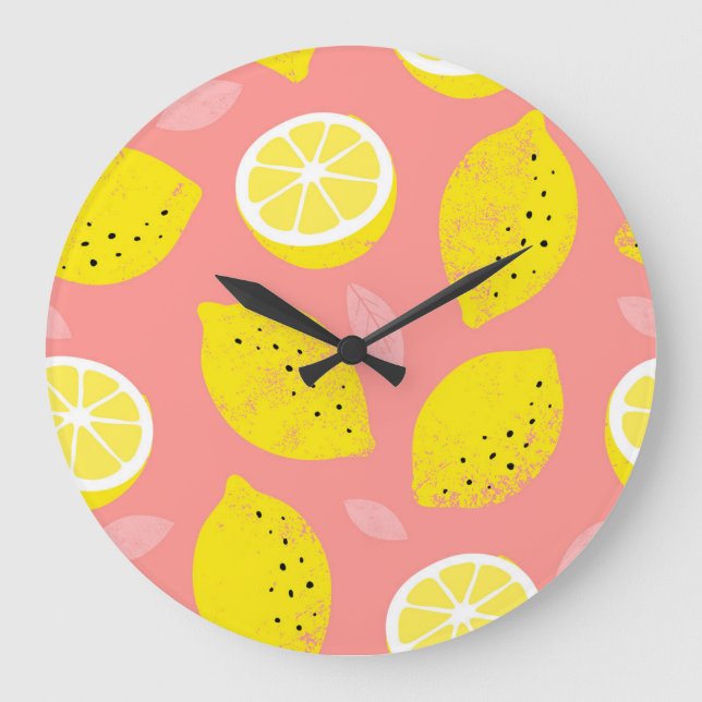 Lemondruck, glänzend nahtloses Sommermuster. Große Wanduhr (Vorderseite)