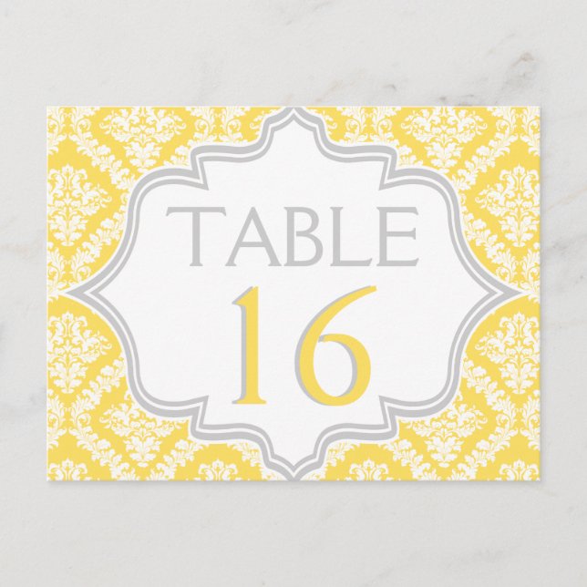 Lemongelbe, graue Damast Hochzeit Tischnummer (Vorderseite)