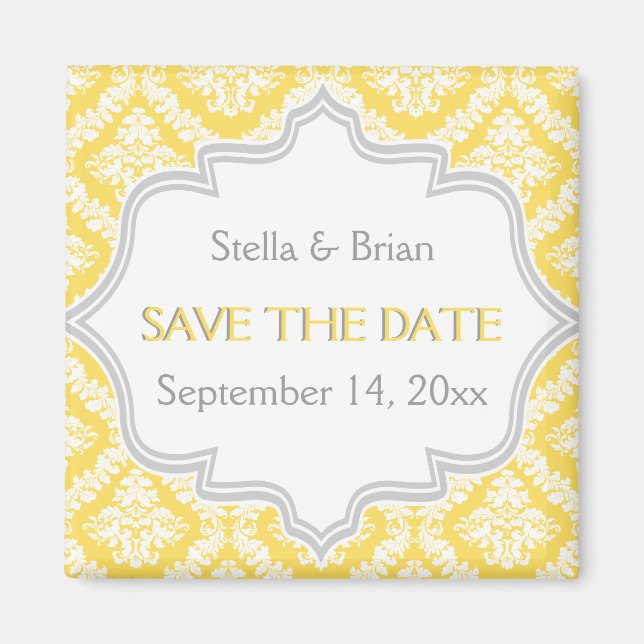 Lemongelbe, graue Damastenhochzeit Save the Date Magnet (Vorne)