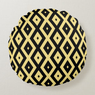 Lemongelbes und schwarzes Diamantmuster Rundes Kissen