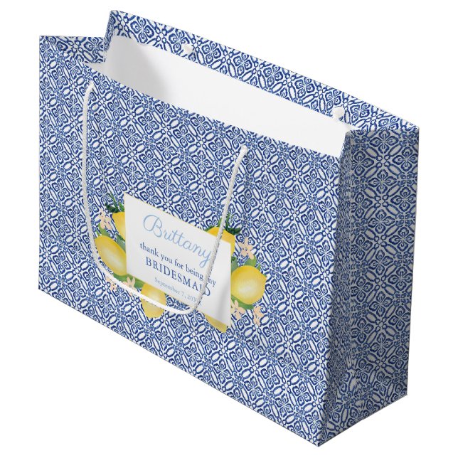 Lemons Amalfi Blue Tiles Wedding Party Danke Große Geschenktüte (Vorderseite Schrägansicht)