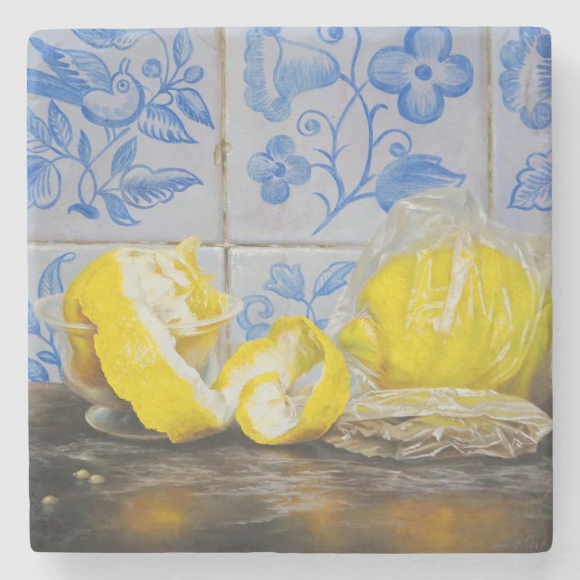 Lemons and Azulejos — Classic Blue & Yellow Still  Steinuntersetzer (Vorderseite)