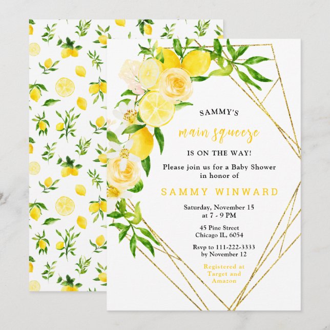 Lemons and Flowers with Foliage Baby Shower Einladung (Vorne/Hinten)