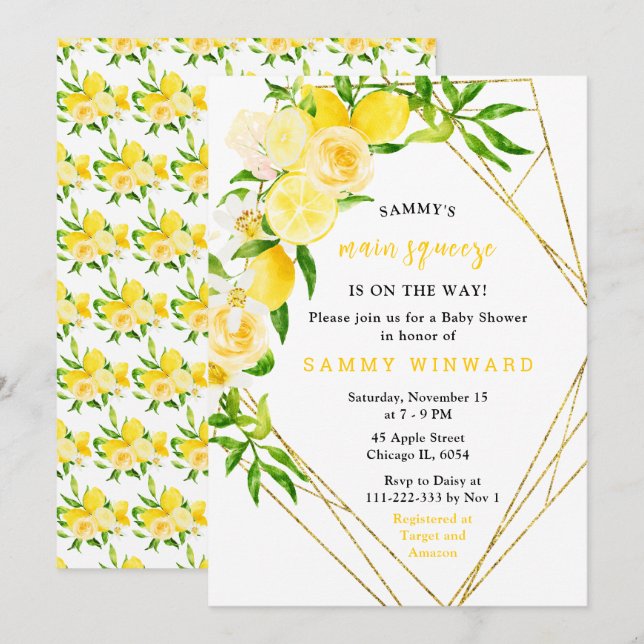 Lemons and Flowers with Foliage Baby Shower Einladung (Vorne/Hinten)
