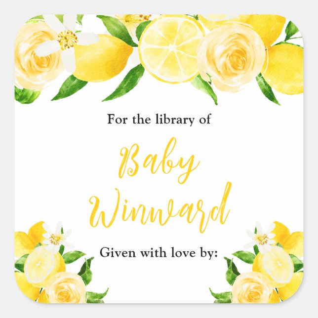 Lemons and Foliage Baby Shower Bookplate Quadratischer Aufkleber (Vorderseite)