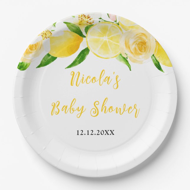 Lemons and Foliage Baby Shower Pappteller (Vorderseite)