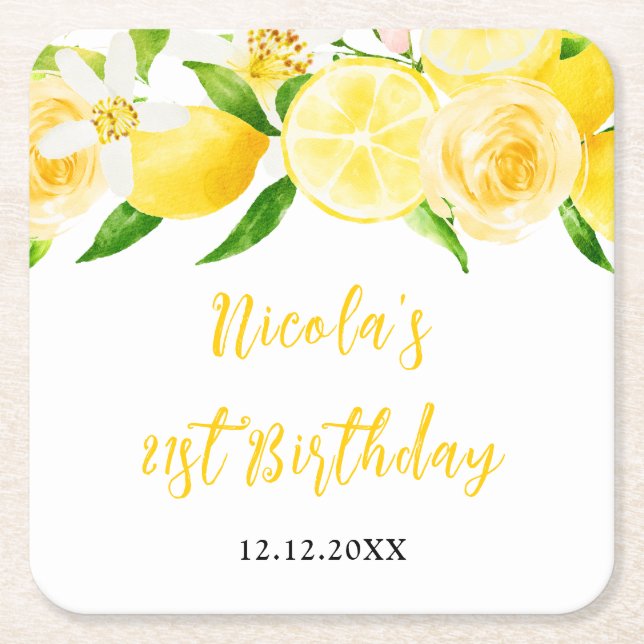 Lemons and Foliage Birthday Rechteckiger Pappuntersetzer (Vorderseite)