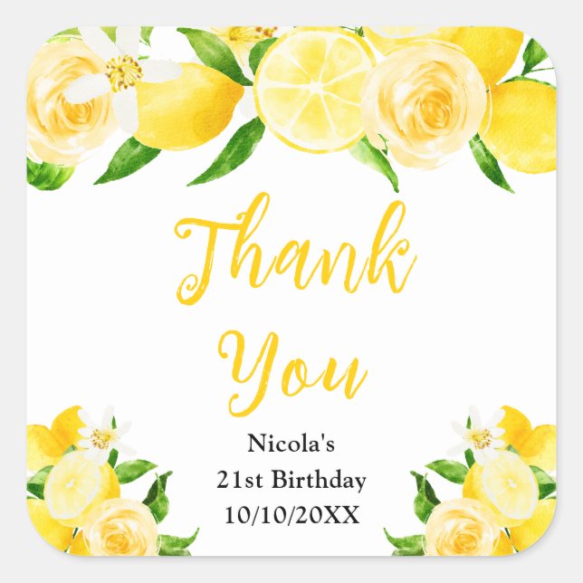 Lemons and Foliage Birthday Thank You Quadratischer Aufkleber (Vorderseite)