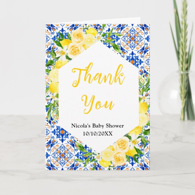 Lemons and Foliage Mediterranean Baby Shower Dankeskarte (Vorderseite)