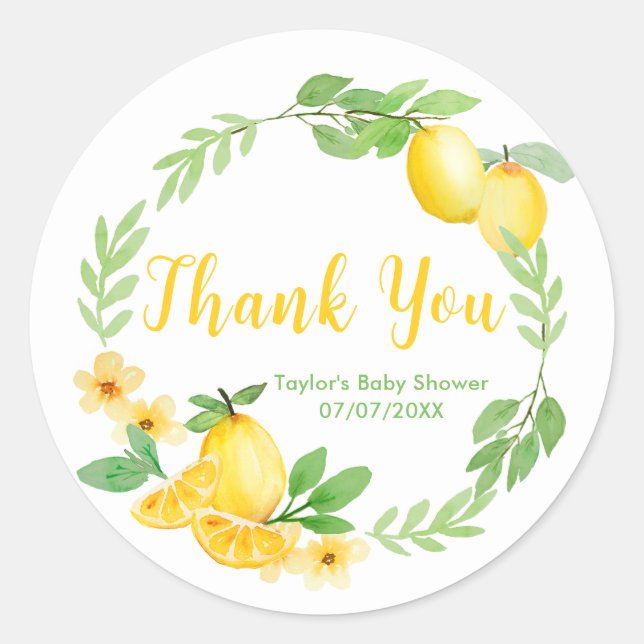 Lemons and Greenery Baby Shower Vielen Dank Runder Aufkleber (Vorderseite)