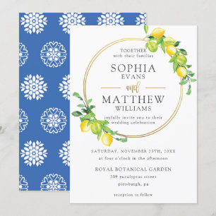 Lemons Azure Sommer Greenery Gold Rahmen Hochzeit Einladung