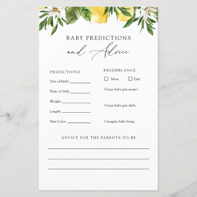 Lemons Baby Advice and Predictions Card (Vorderseite)