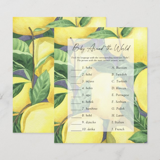 Lemons - Baby rund um die Welt Baby Shower Game (Vorne/Hinten)