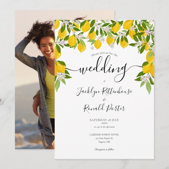 Lemons Blossom Greenerity Foto Wedding Einladung (Vorne/Hinten)