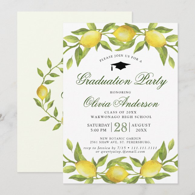Lemons Blossom Greenery Chic Graduation Party Einladung (Vorne/Hinten)