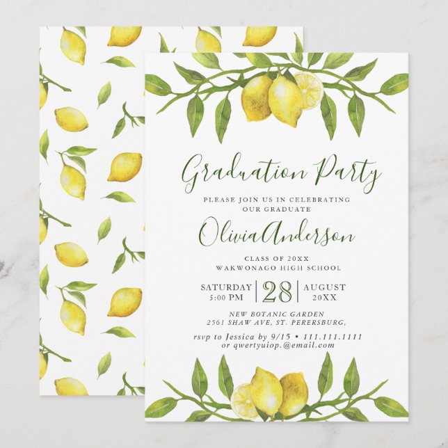 Lemons Blossom Greenery Chic Graduation Party Einladung (Vorne/Hinten)