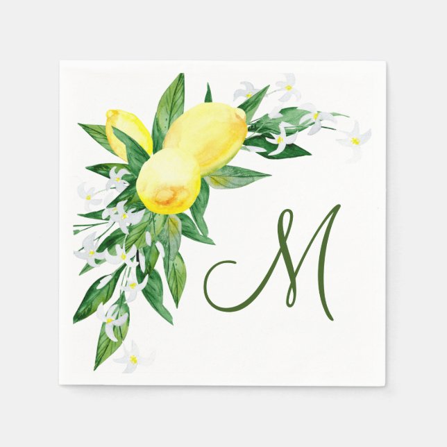 Lemons Blossom Greenery Monogram Party Paper Serviette (Vorderseite)