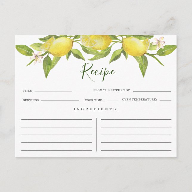 Lemons Blossom Grüne Brautparty Rezept Karte (Vorderseite)