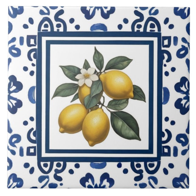 Lemons Blue and White Tribal Folk Art Pattern Fliese (Vorderseite)