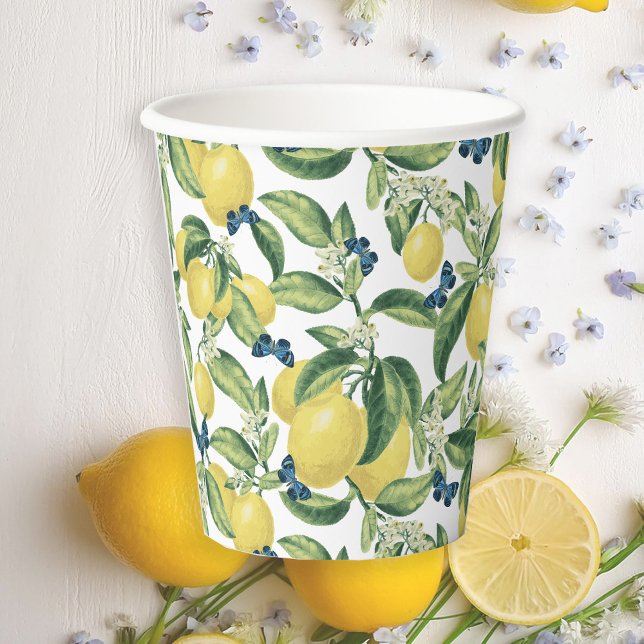Lemons Blue Butterfells Botanical Baby Shower Pappbecher (Von Creator hochgeladen)