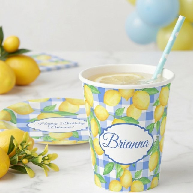 Lemons & Blue Gingham Personalisiert Glass Pappbecher (Von Creator hochgeladen)