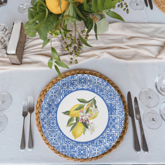 Lemons & Blue Mediterrane Tile Polterabend Pappteller