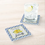 Lemons Blue Tile Limoncello Glasuntersetzer<br><div class="desc">Modern Brush Script Blue Tile Wasserfarben Zitronen,  wenn das Leben gibt Ihnen Zitronen machen Limoncello Glass Untersetzer</div>