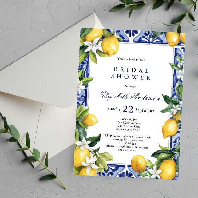 Lemons Blue White Mediterranean Tile Bridal Shower Einladung (Lemons Blue white Mediterranean Tile White Florals Greenery Bridal Shower Invitation)