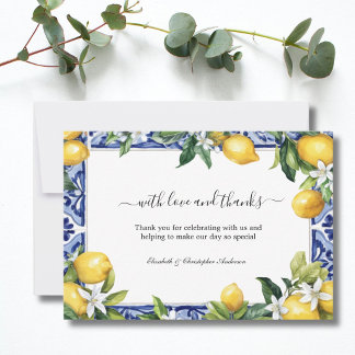 Lemons Blue White Tile Mediterranean Wedding Dankeskarte