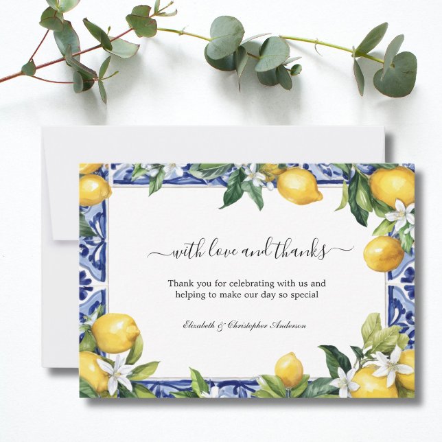 Lemons Blue White Tile Mediterranean Wedding Dankeskarte (Lemons Blue White Mediterranean tile Wedding Thank you card)