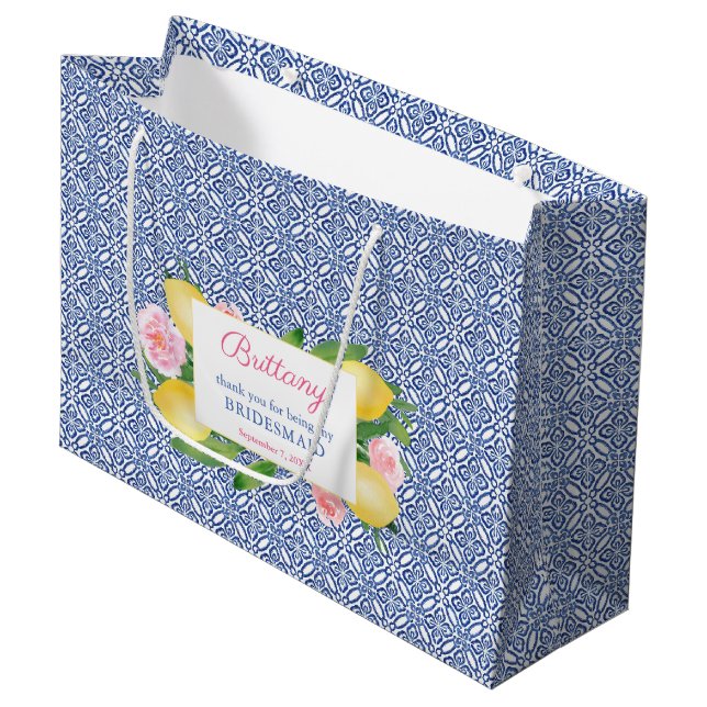 Lemons Blue White Tiles Trauzeugin Danke Große Geschenktüte (Vorderseite Schrägansicht)