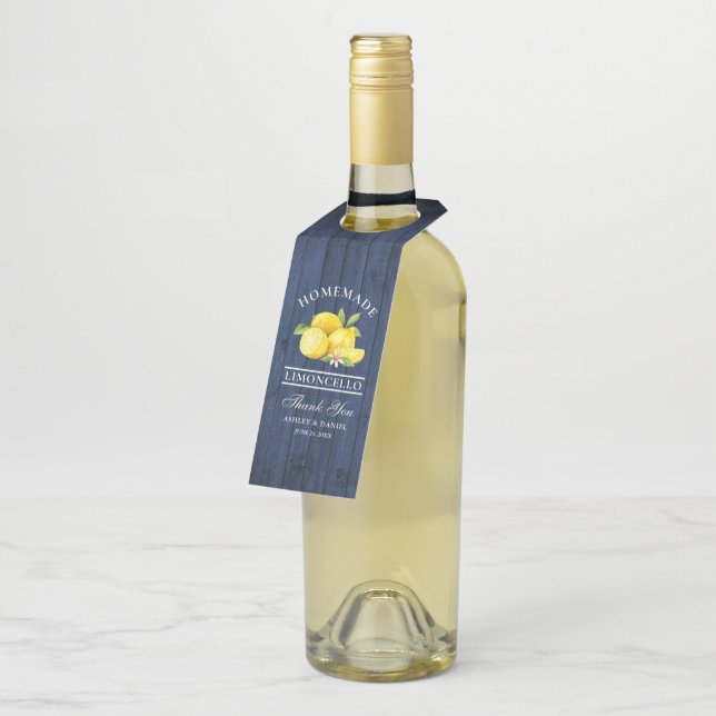 Lemons Blue Wood Limoncello Vielen Dank Flaschenanhänger (Angewinkelt)