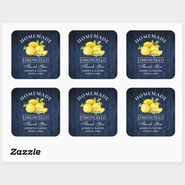 Lemons Blue Wood Wedding Danke Limoncello Quadratischer Aufkleber (Blatt)