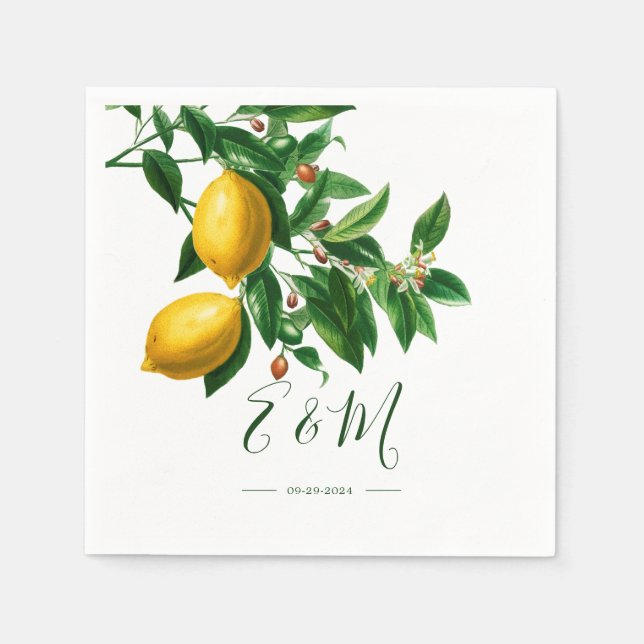 Lemons Botanisches Grün Sommer Monogramm Serviette (Vorderseite)