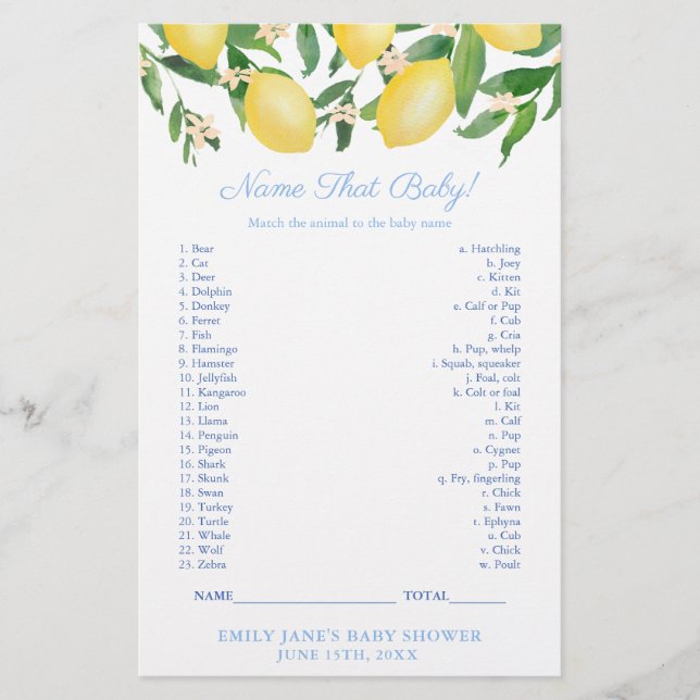 Lemons Duschname Diese Baby Animal Game Card Flyer (Vorne)