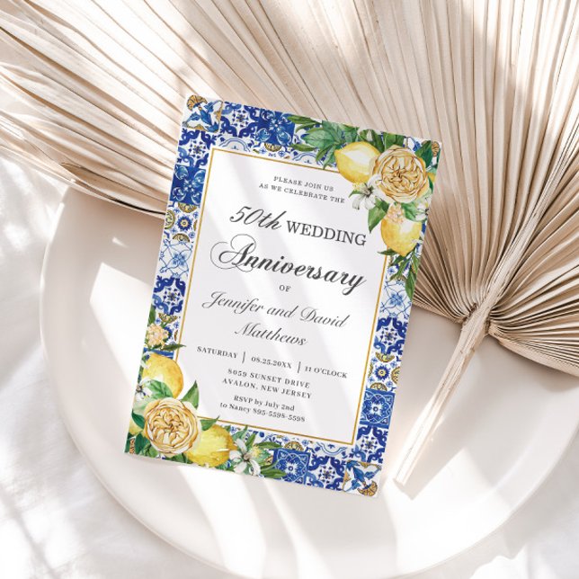 Lemons Floral Blue Tiles 50. Hochzeitstag Einladung (Von Creator hochgeladen)
