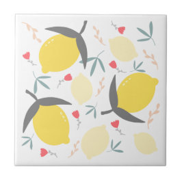 Lemons Floral Botanische Rote Blume Blätter Muster Fliese