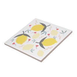 Lemons Floral Botanische Rote Blume Blätter Muster Fliese