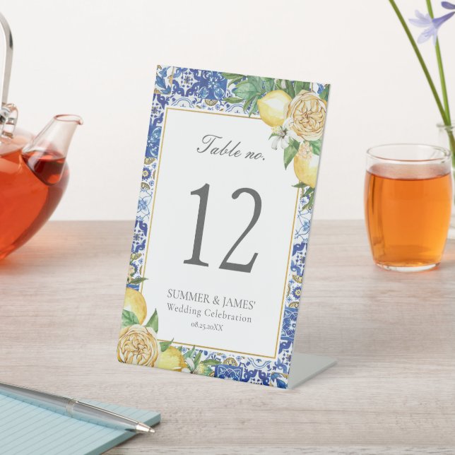 Lemons floral Mosaic Wedding Bridal Tischnummer Sockelschild (In SItu)